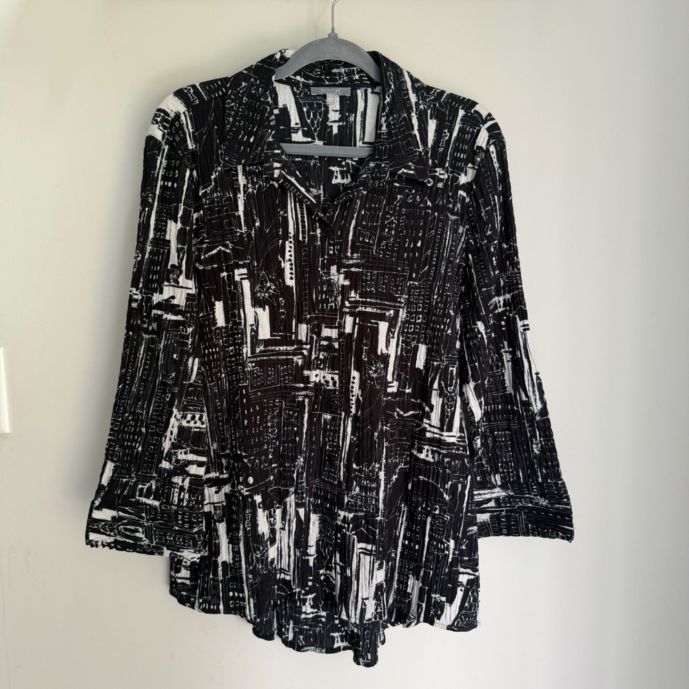 Habitat Button Down Shirt Black White Abstract Print Cotton Stretch Size Small